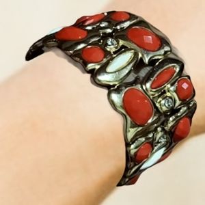 CHUNKY WRIST CUFF 2" Golden Sections Rhinestones - Red Orange & White Stones